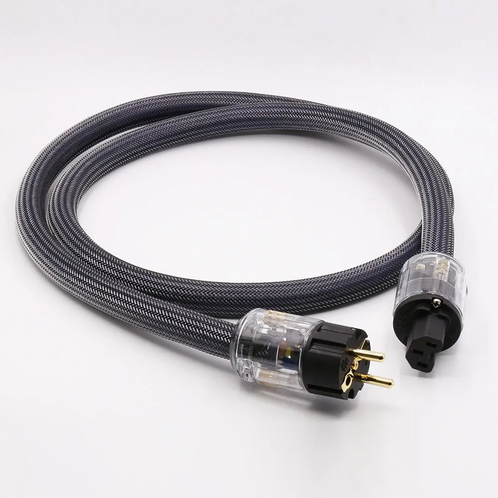 Pure copper hifi audio power cord with European and American plug options on a white background