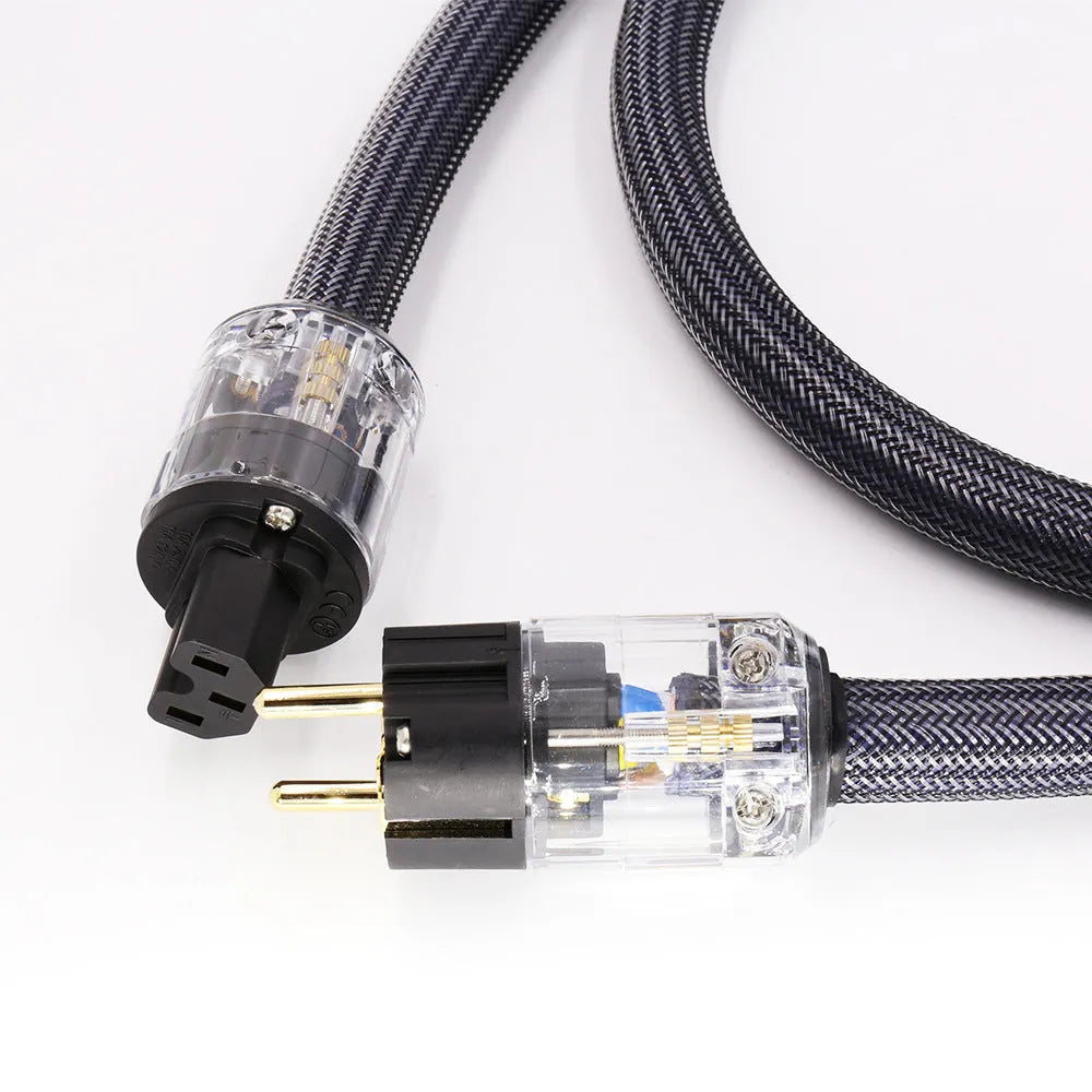 Pure copper hifi audio power cord with European and American plug options on a white background