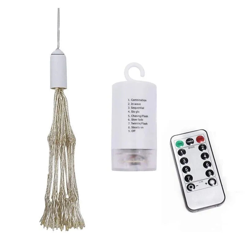 Solar-powered LED meteor shower string light with multiple warm white bulbs for outdoor garden decoration.