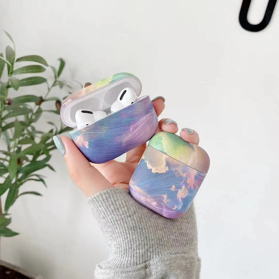 Pink and blue watercolour plastic protective sleeves for Apple AirPods Pro and AirPods 1/2 hard shell cases.