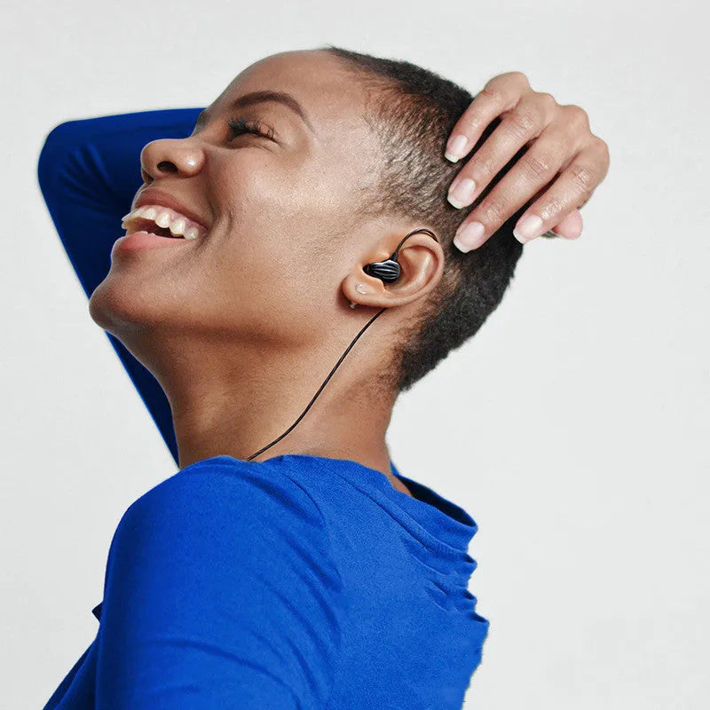 In-ear sports headphones with black around-ear wire design and 3.5mm plug