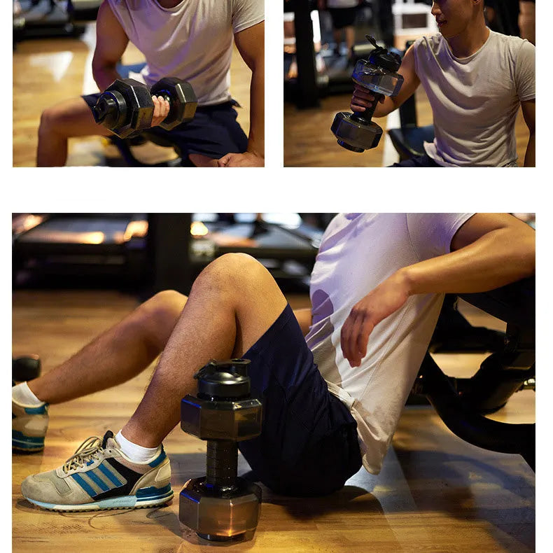 Fitness dumbbell cup sports water bottle in blue with handle and push cap, 500ml capacity