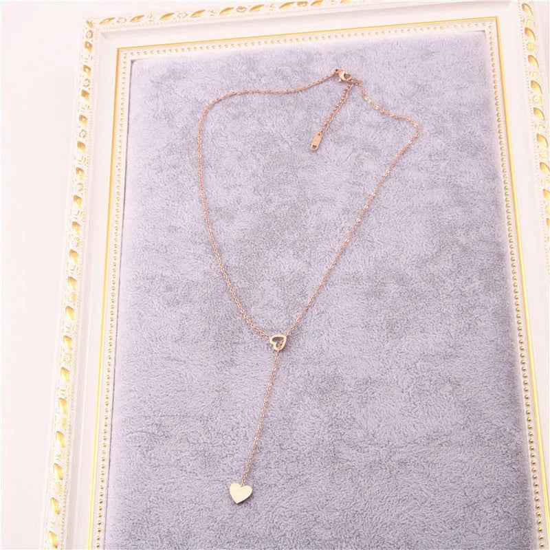 Long Pendant Heart-Shaped Necklace in Stainless Steel, Gold Colour Option