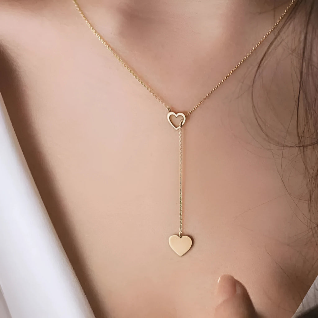 Long Pendant Heart-Shaped Necklace in Stainless Steel, Gold Colour Option