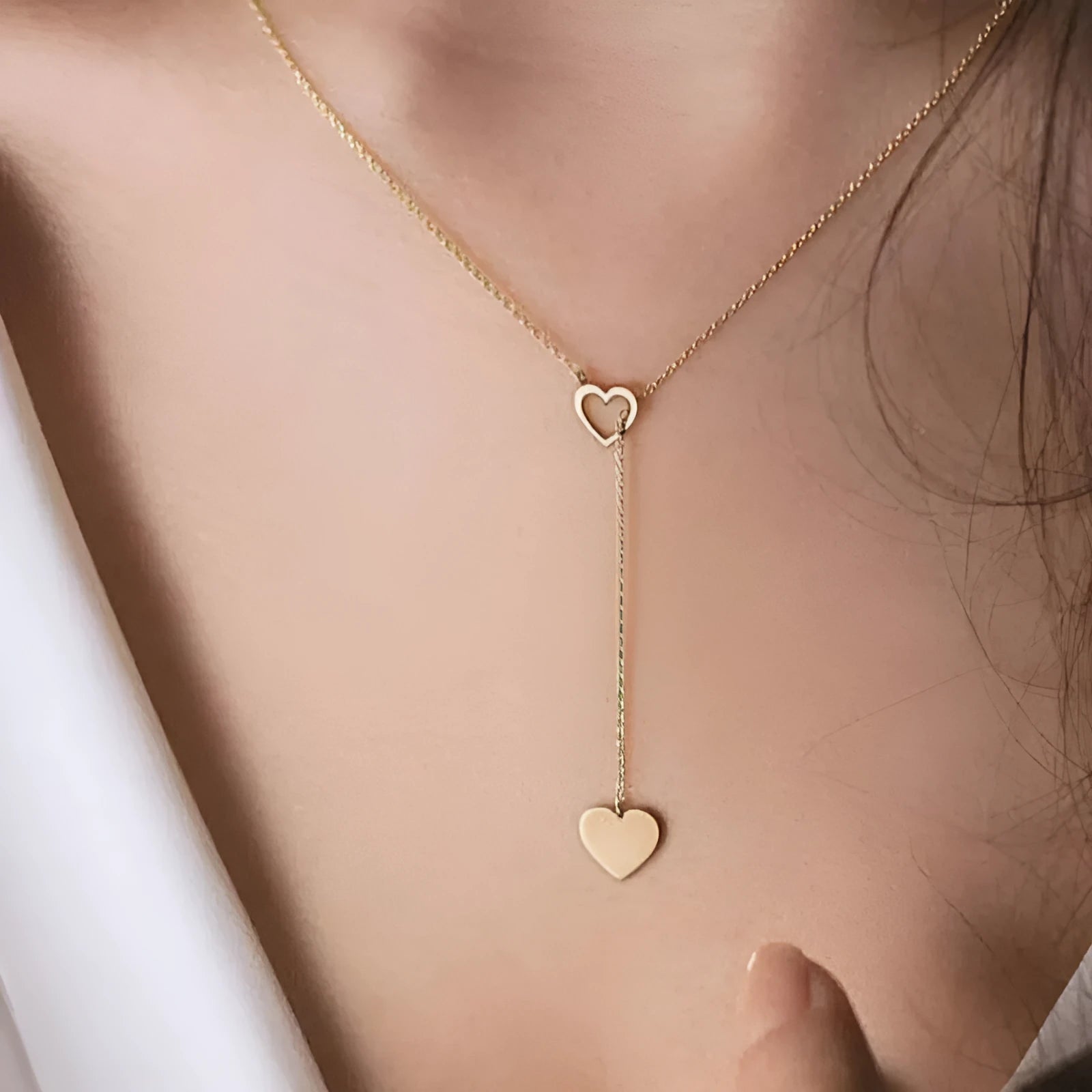 Long Pendant Heart-Shaped Necklace in Stainless Steel, Gold Colour Option