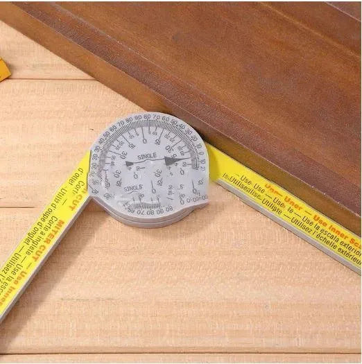 Yellow and white plastic cross-border horizontal angle ruler with laser engraved scales for miter saws.