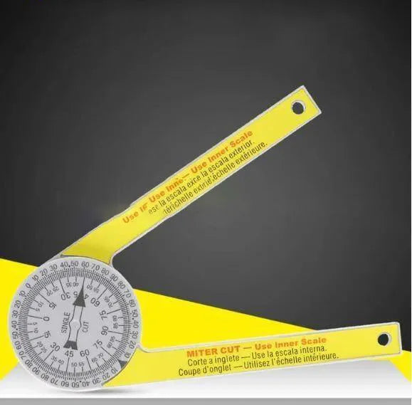 Yellow and white plastic cross-border horizontal angle ruler with laser engraved scales for miter saws.