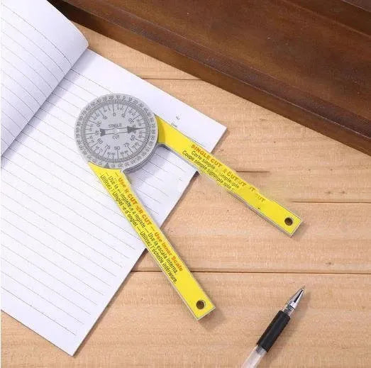 Yellow and white plastic cross-border horizontal angle ruler with laser engraved scales for miter saws.