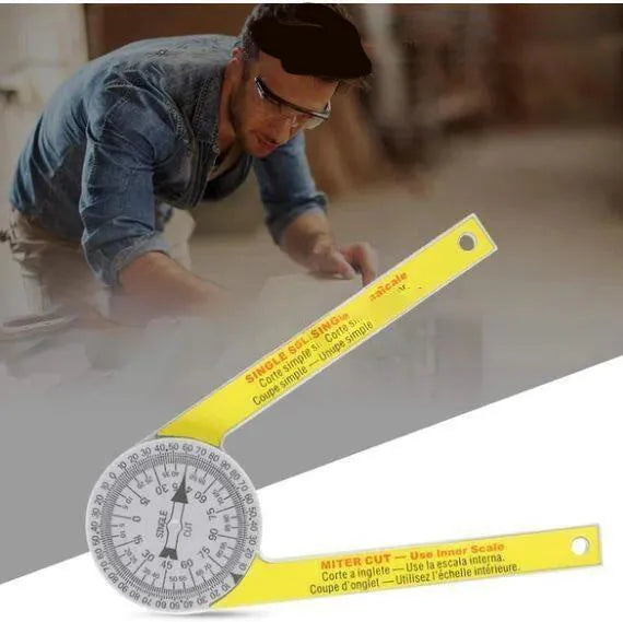 Yellow and white plastic cross-border horizontal angle ruler with laser engraved scales for miter saws.