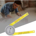 Yellow and white plastic cross-border horizontal angle ruler with laser engraved scales for miter saws.