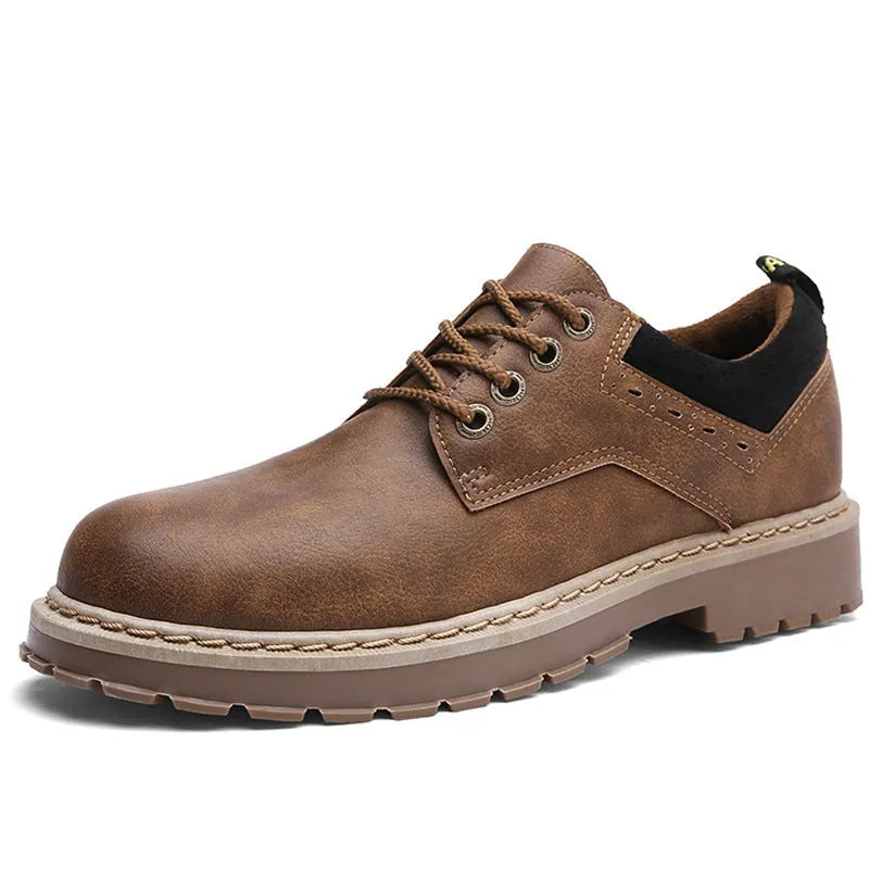 Men's round-toe casual lace-up shoes in black, brown, or dark brown with a rubber sole.