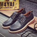 Men's round-toe casual lace-up shoes in black, brown, or dark brown with a rubber sole.