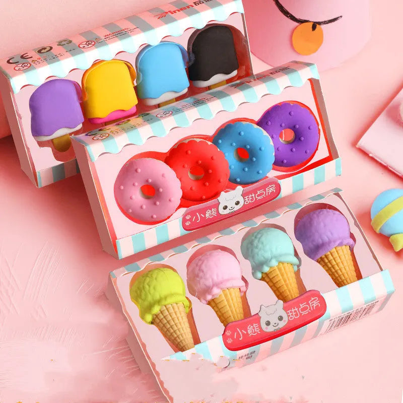 Set of 12 colourful cartoon erasers shaped like ice cream cones, donuts, and lollipops for children