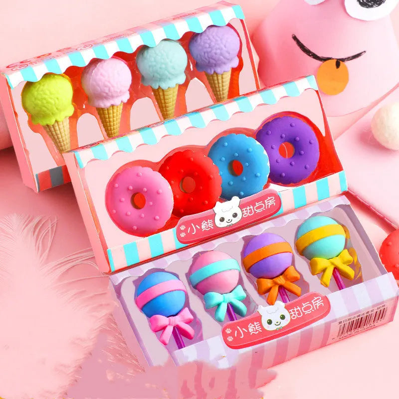 Set of 12 colourful cartoon erasers shaped like ice cream cones, donuts, and lollipops for children