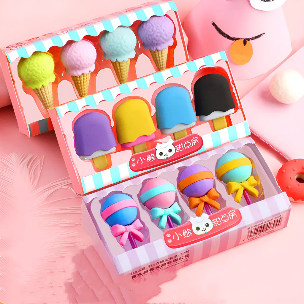 Set of 12 colourful cartoon erasers shaped like ice cream cones, donuts, and lollipops for children