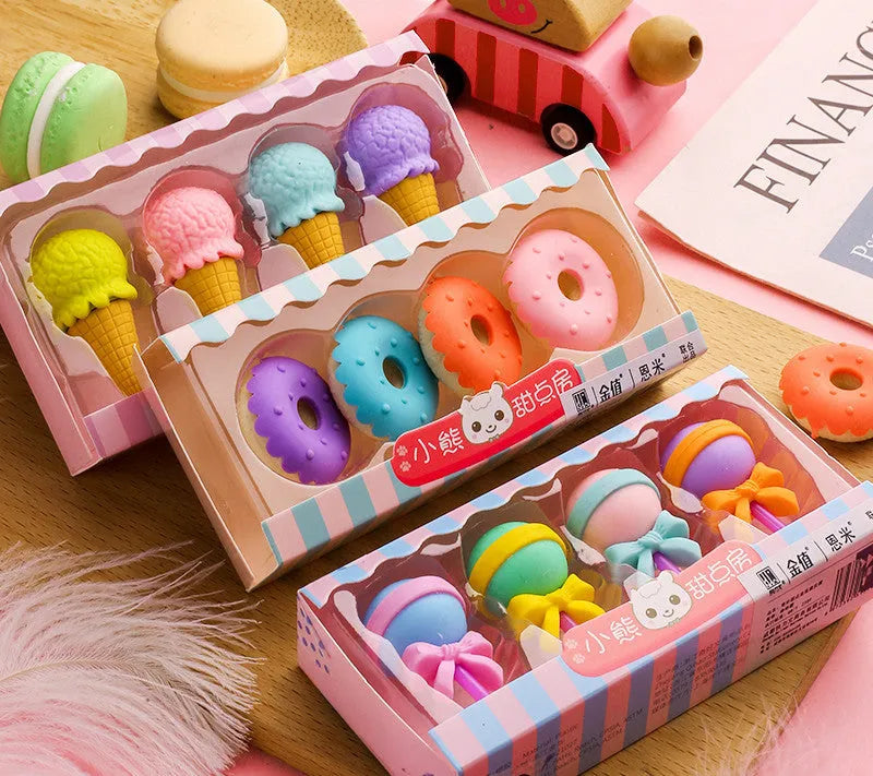 Set of 12 colourful cartoon erasers shaped like ice cream cones, donuts, and lollipops for children