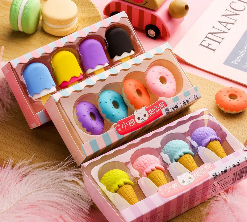 Set of 12 colourful cartoon erasers shaped like ice cream cones, donuts, and lollipops for children
