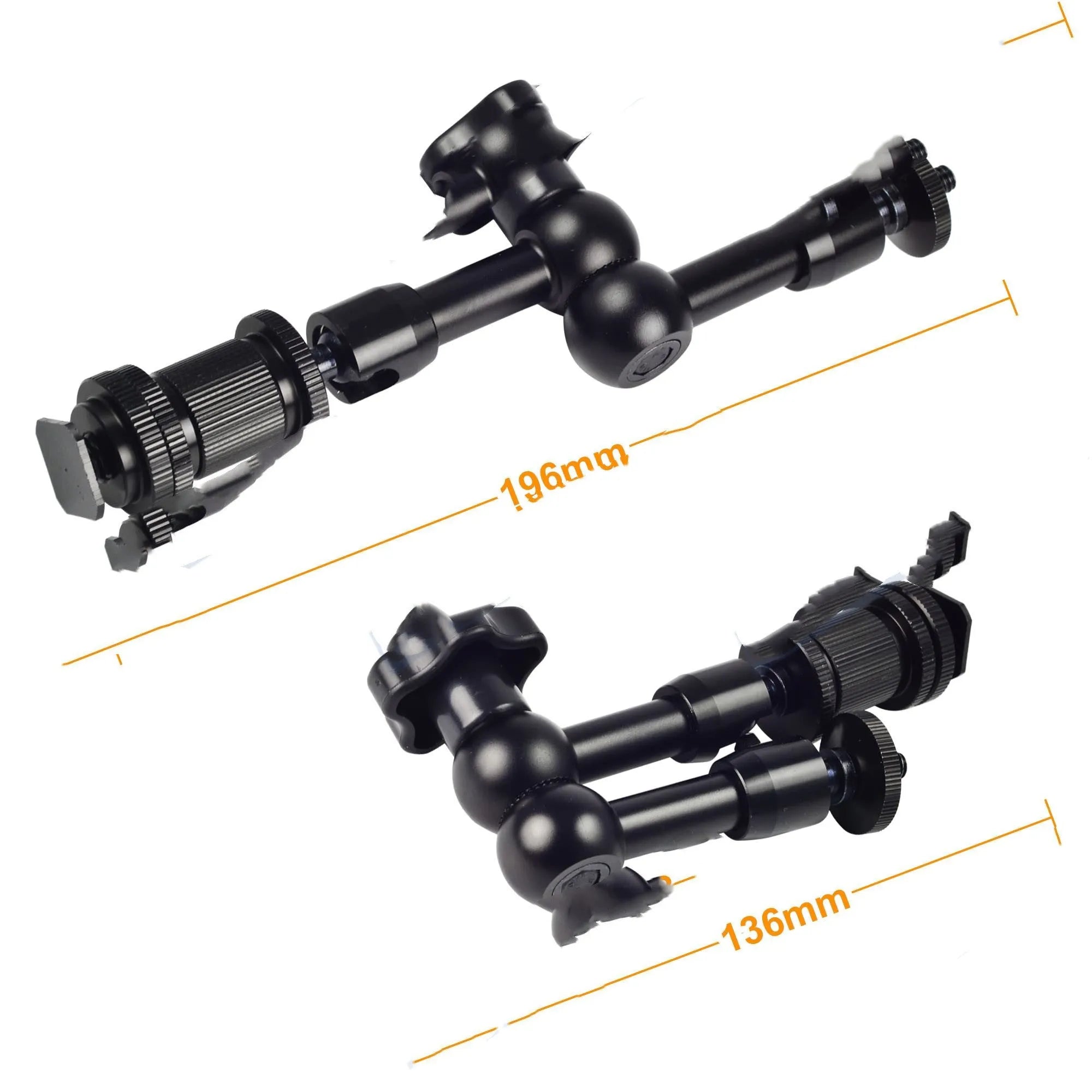 Black 7-inch metal magic friction articulating arm for DSLR camera with hot shoe mount