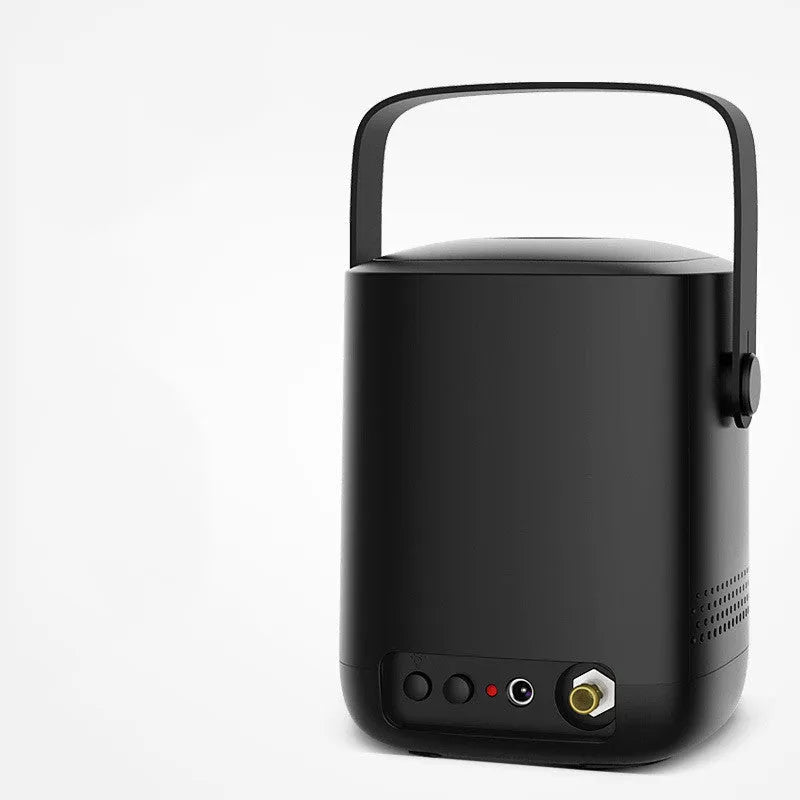 Portable car mini tyre air pump with digital display, black ABS body, 10.5cm diameter, next to car tyre