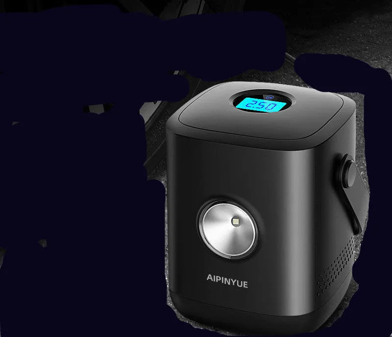 Portable car mini tyre air pump with digital display, black ABS body, 10.5cm diameter, next to car tyre