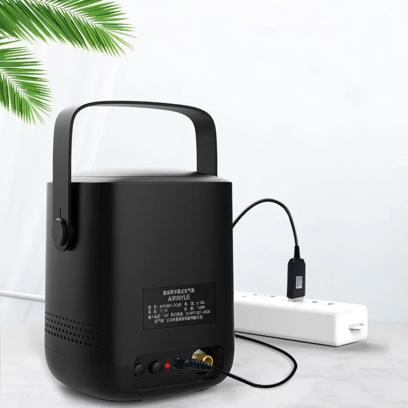Portable car mini tyre air pump with digital display, black ABS body, 10.5cm diameter, next to car tyre