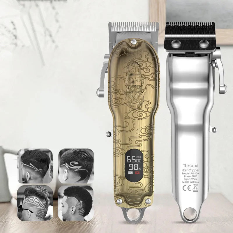 LCD digital display hair clipper in gold colour with all-metal body and stainless steel blade