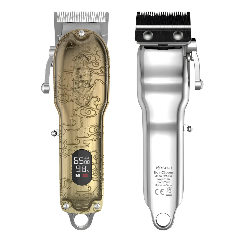 LCD digital display hair clipper in gold colour with all-metal body and stainless steel blade