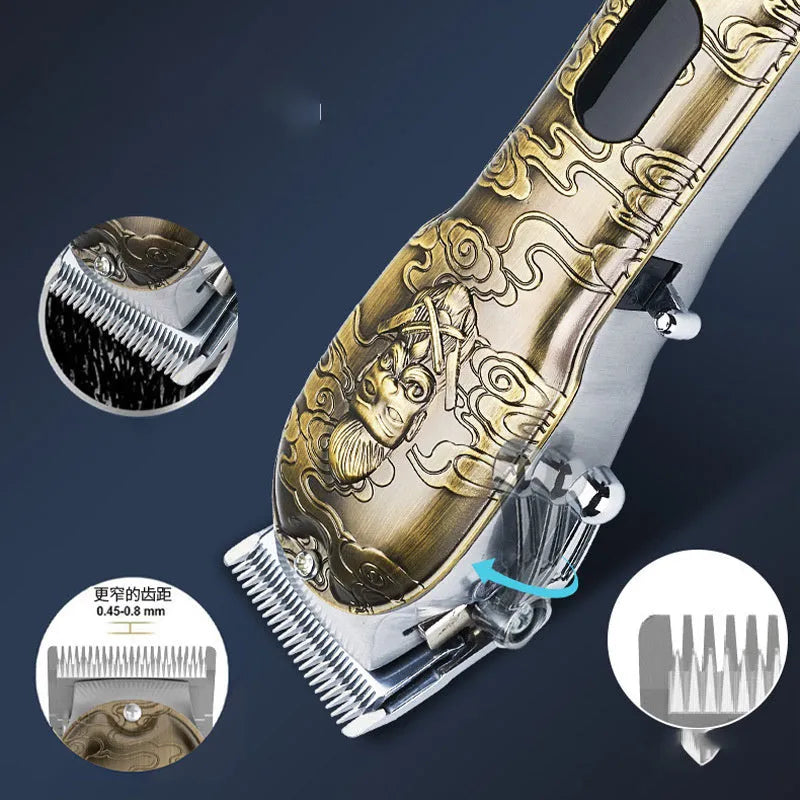 LCD digital display hair clipper in gold colour with all-metal body and stainless steel blade