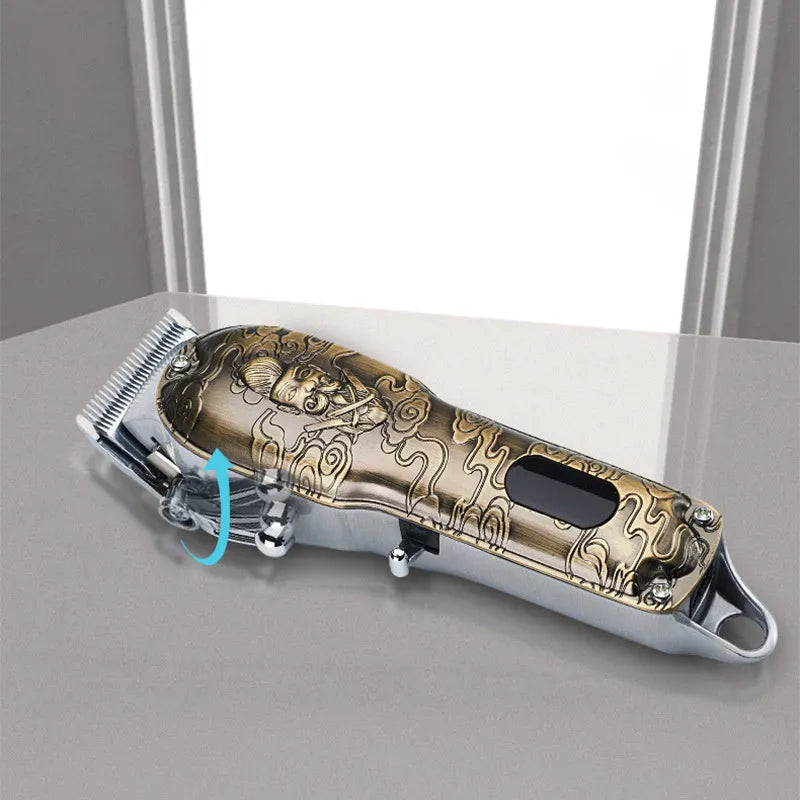 LCD digital display hair clipper in gold colour with all-metal body and stainless steel blade