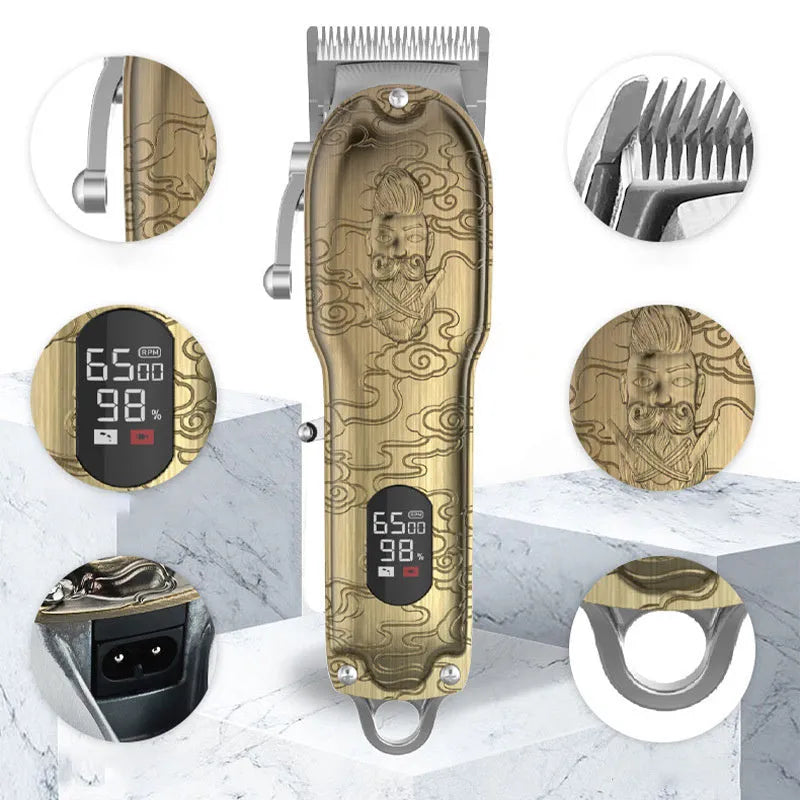 LCD digital display hair clipper in gold colour with all-metal body and stainless steel blade
