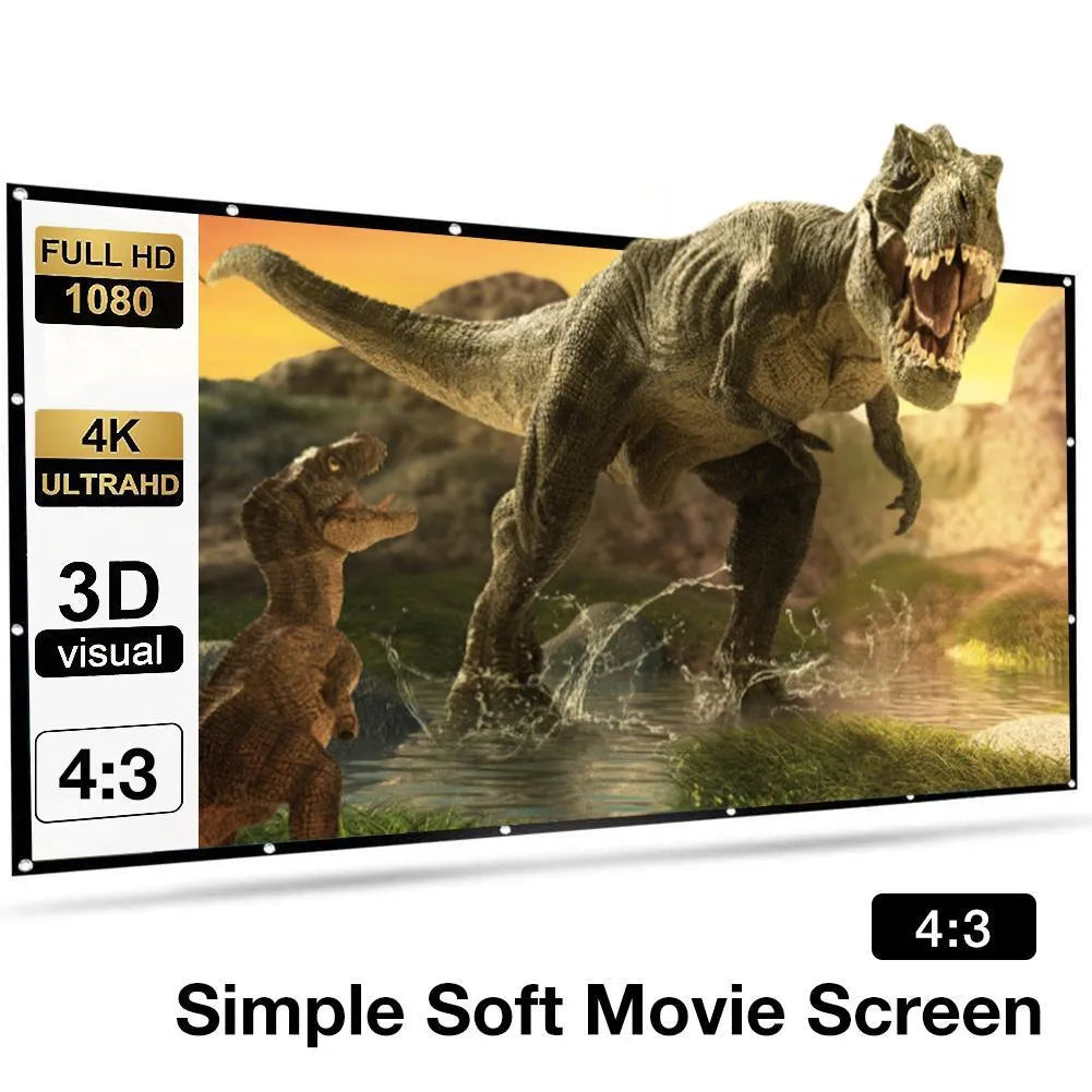 White 150-inch polyester folding projection screen shown unfolded on a floor.