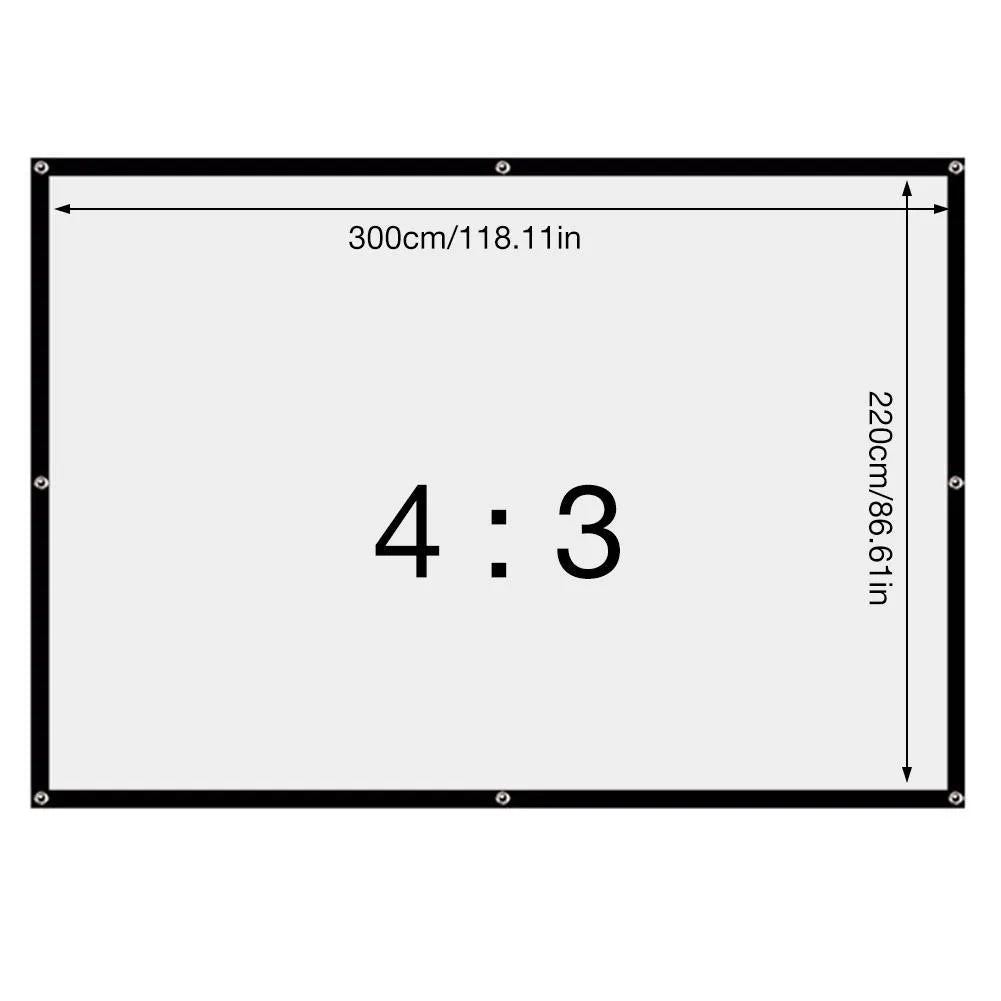 White 150-inch polyester folding projection screen shown unfolded on a floor.