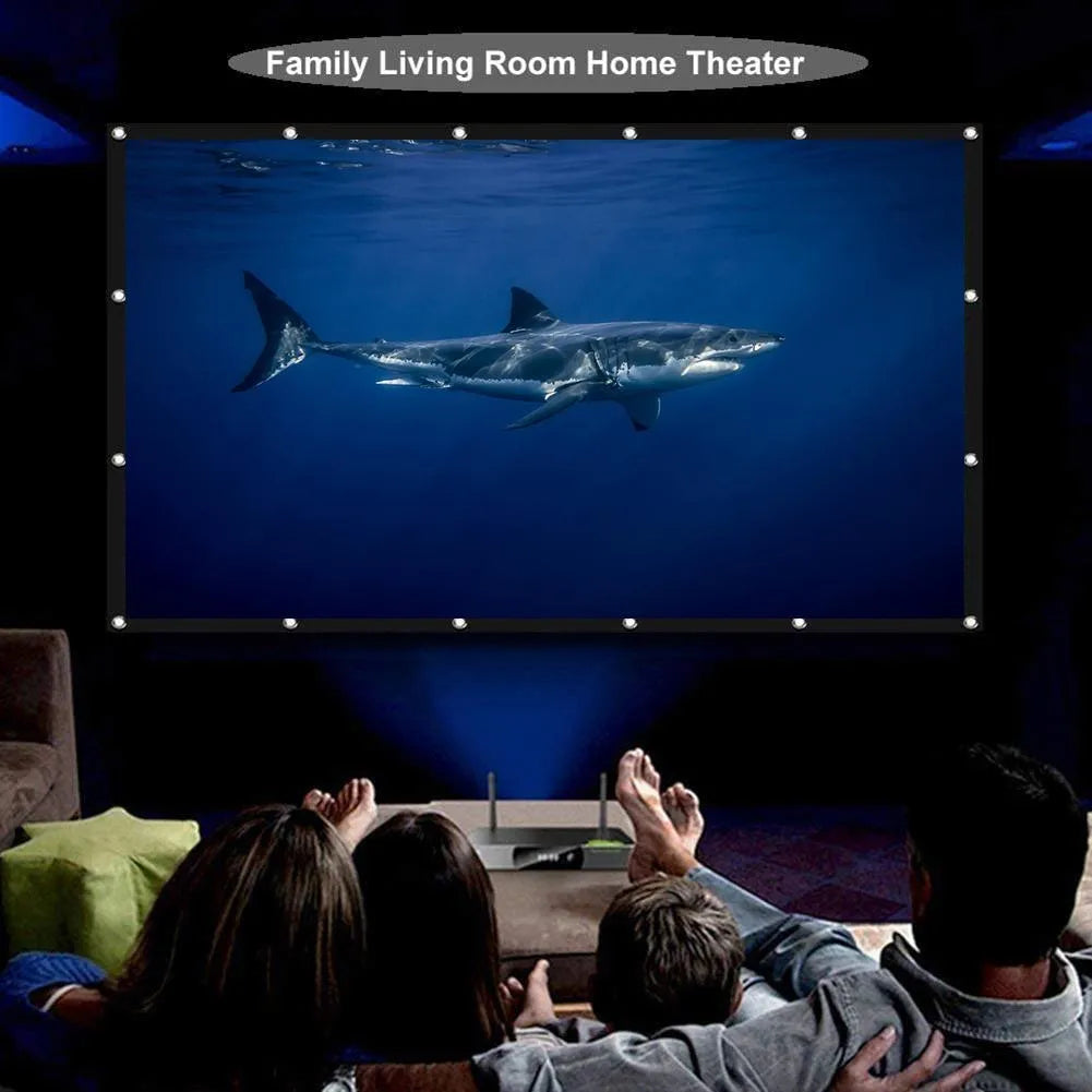 White 150-inch polyester folding projection screen shown unfolded on a floor.