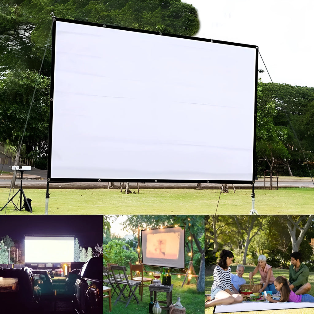 White 150-inch polyester folding projection screen shown unfolded on a floor.