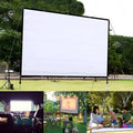 White 150-inch polyester folding projection screen shown unfolded on a floor.
