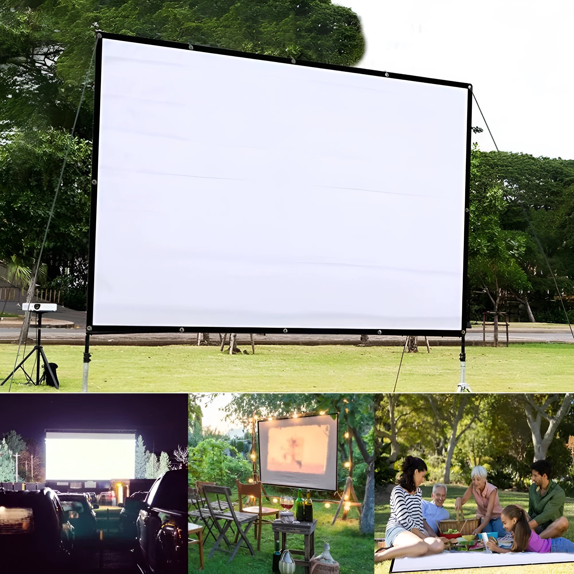 White 150-inch polyester folding projection screen shown unfolded on a floor.