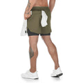 Multi-pocket loose double layer track pants in army green, chemical fibre blend, side view showing pockets