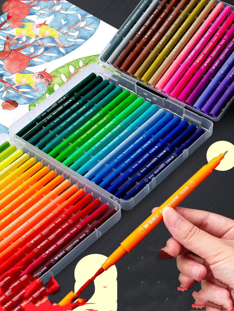 Double-headed watercolour pen set showing brush tip and fine tip with included picture book and hook line pen