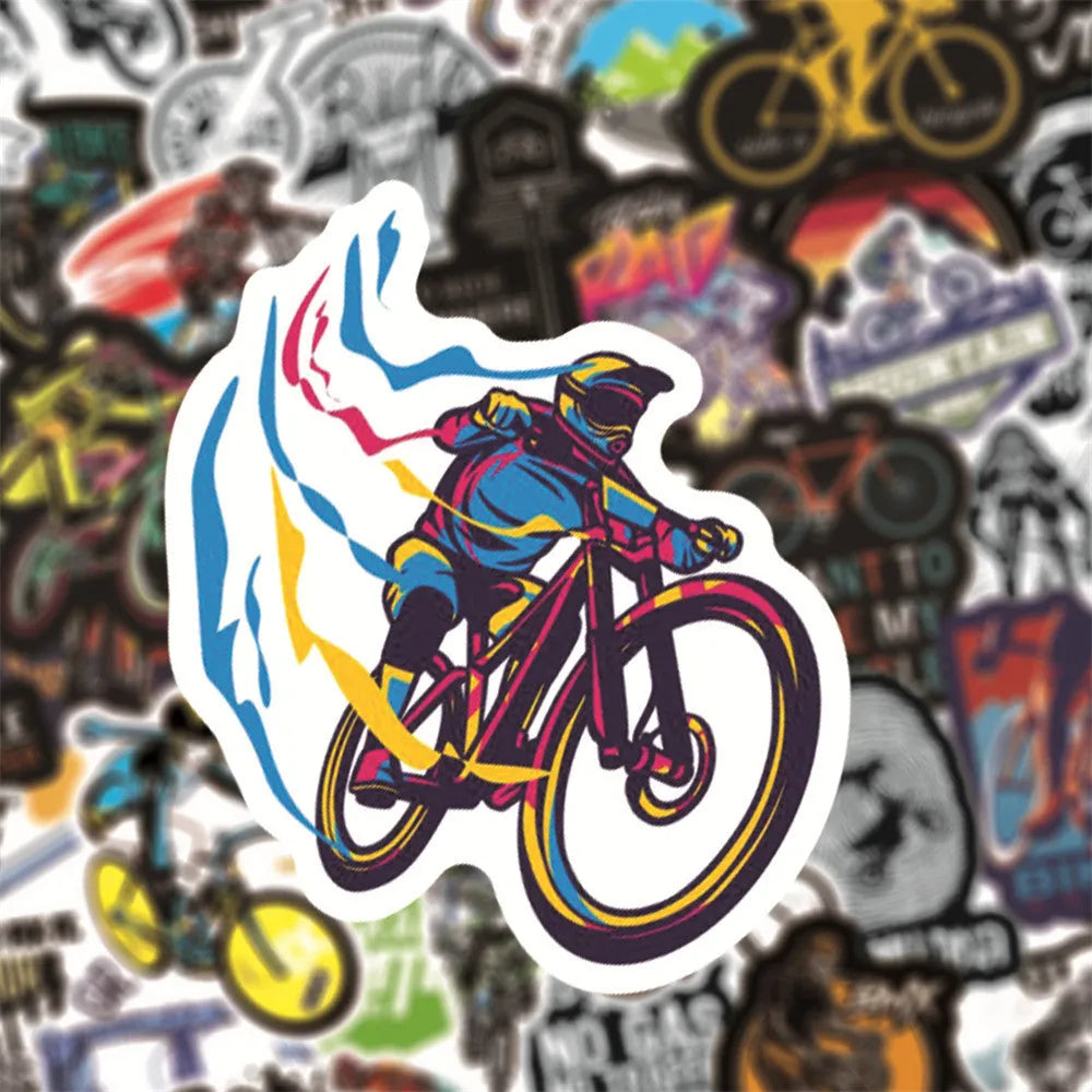 Pack of 50 bicycle-themed doodle vinyl stickers for mountain bike frame customisation.