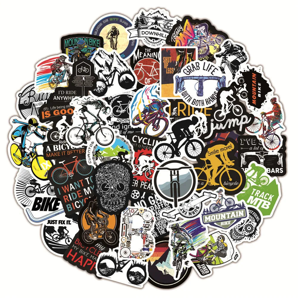 Pack of 50 bicycle-themed doodle vinyl stickers for mountain bike frame customisation.
