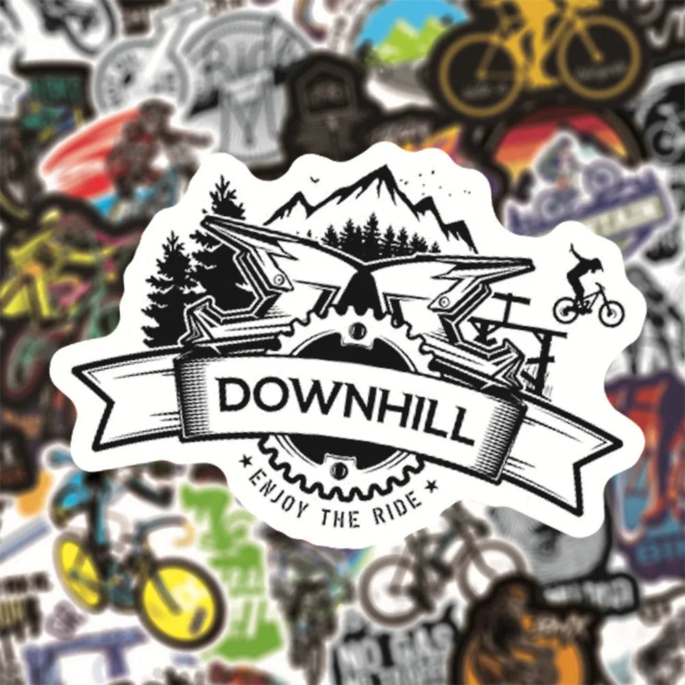 Pack of 50 bicycle-themed doodle vinyl stickers for mountain bike frame customisation.