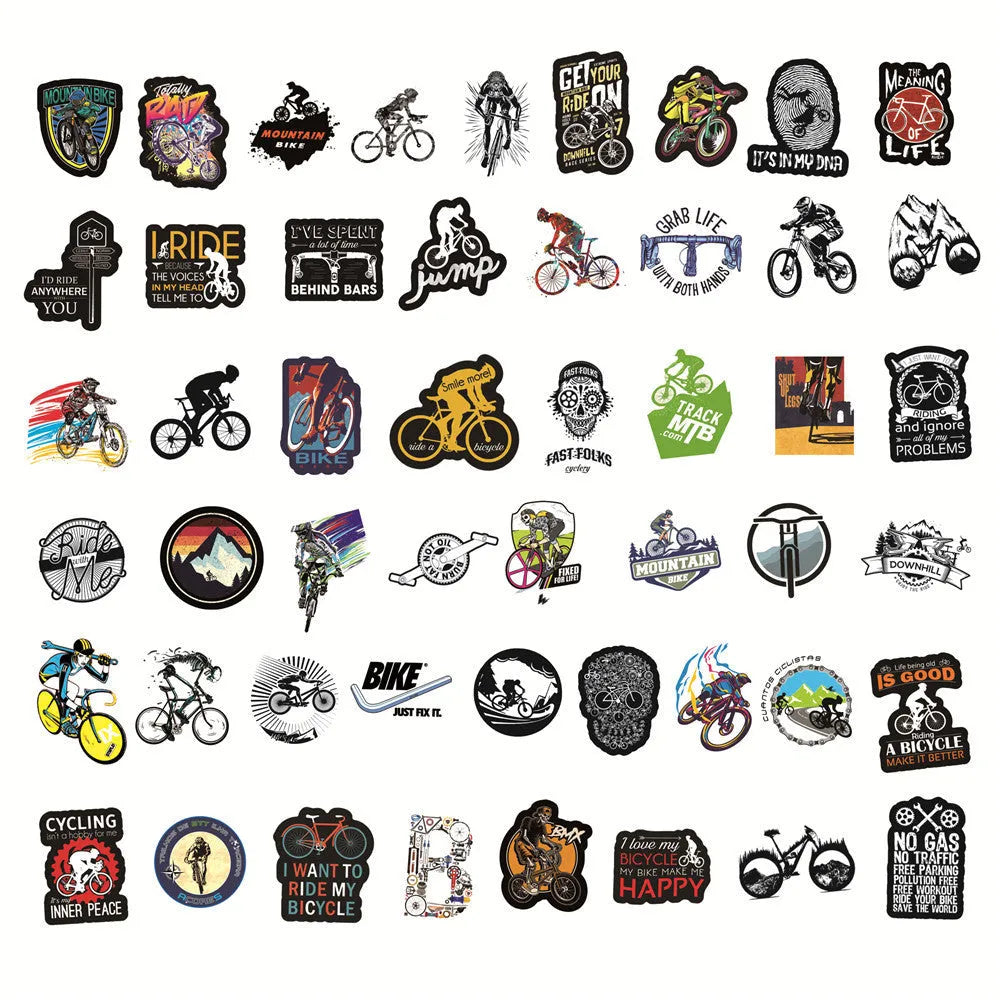 Pack of 50 bicycle-themed doodle vinyl stickers for mountain bike frame customisation.