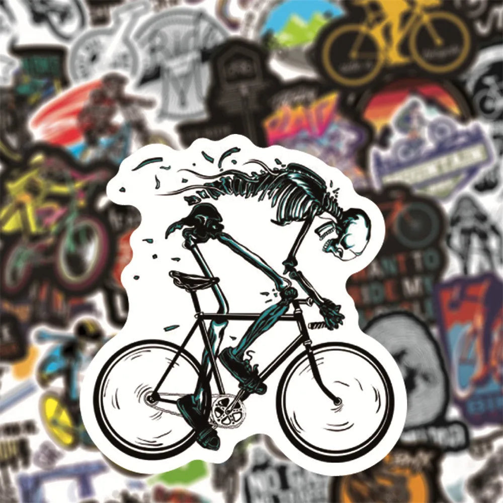 Pack of 50 bicycle-themed doodle vinyl stickers for mountain bike frame customisation.