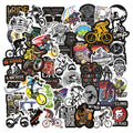 Pack of 50 bicycle-themed doodle vinyl stickers for mountain bike frame customisation.