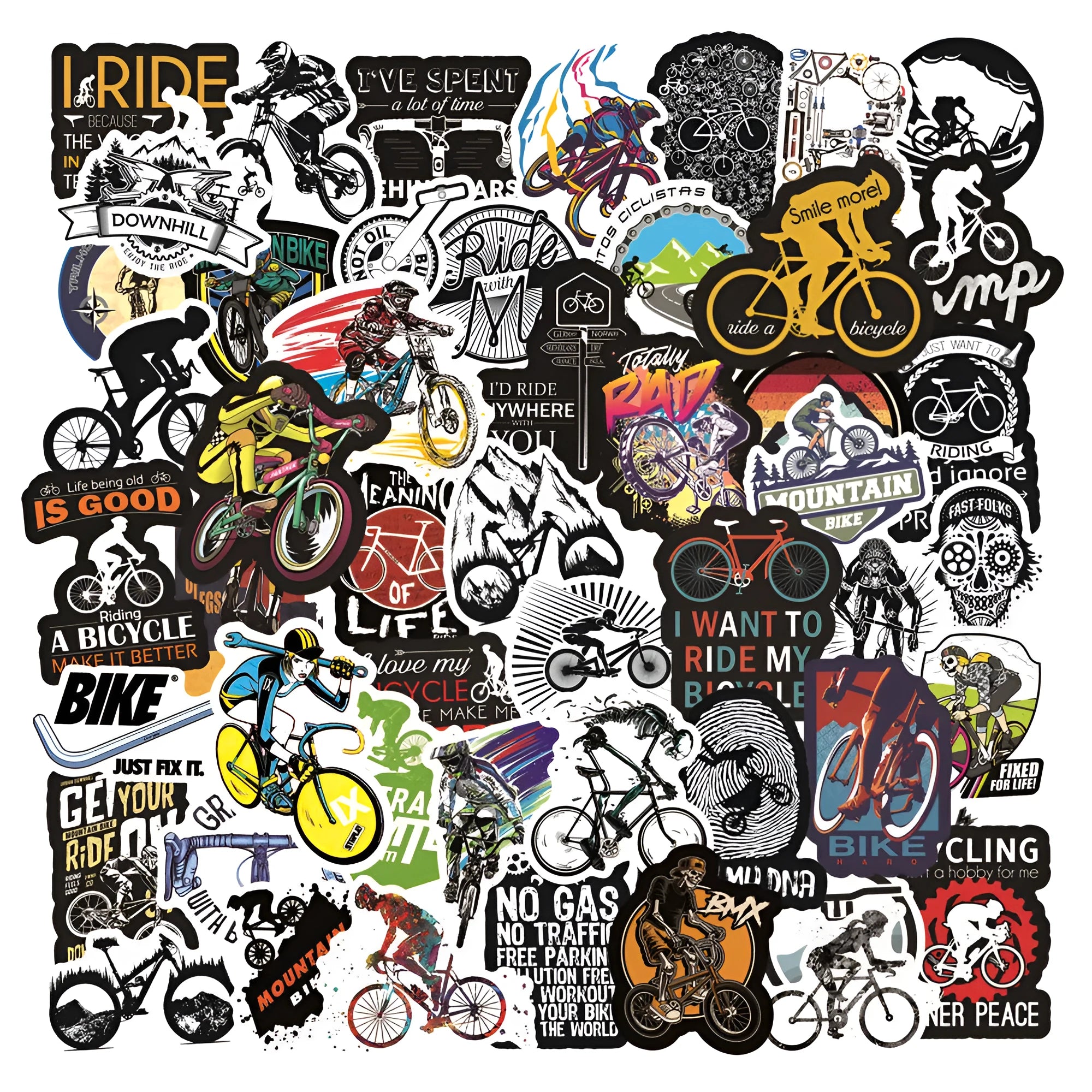 Pack of 50 bicycle-themed doodle vinyl stickers for mountain bike frame customisation.