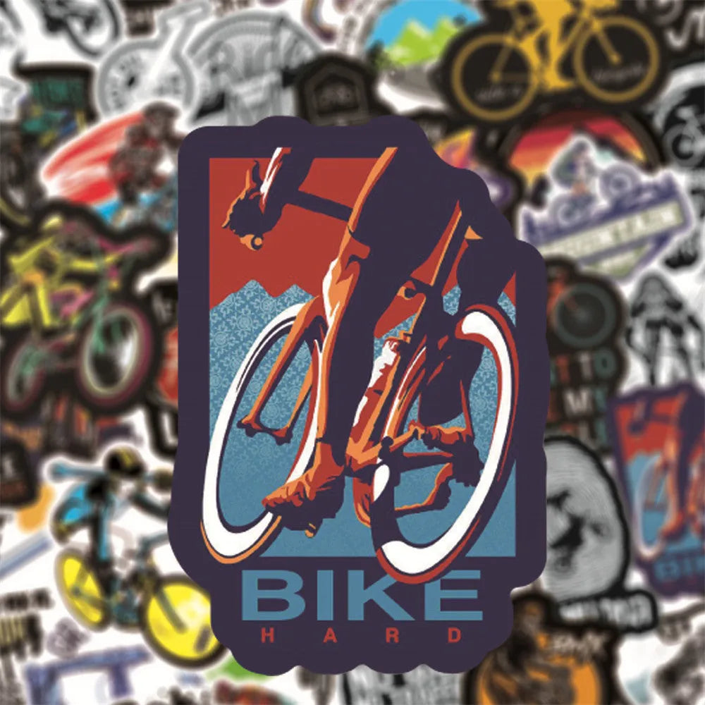 Pack of 50 bicycle-themed doodle vinyl stickers for mountain bike frame customisation.