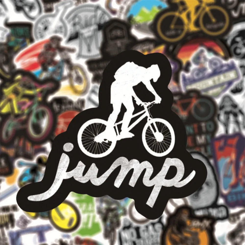 Pack of 50 bicycle-themed doodle vinyl stickers for mountain bike frame customisation.