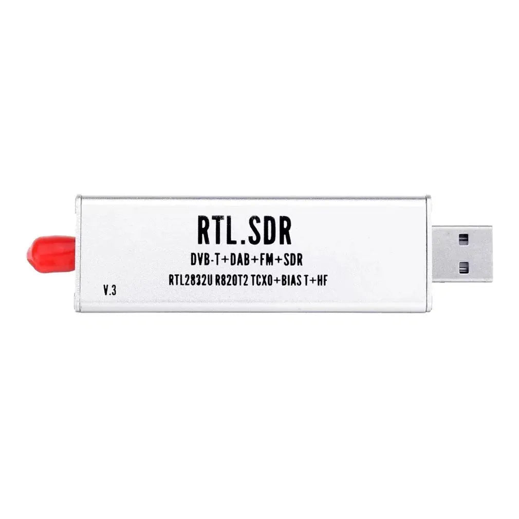 Black or white metal-cased all-band software defined radio receiver with a golden SMA antenna connector.