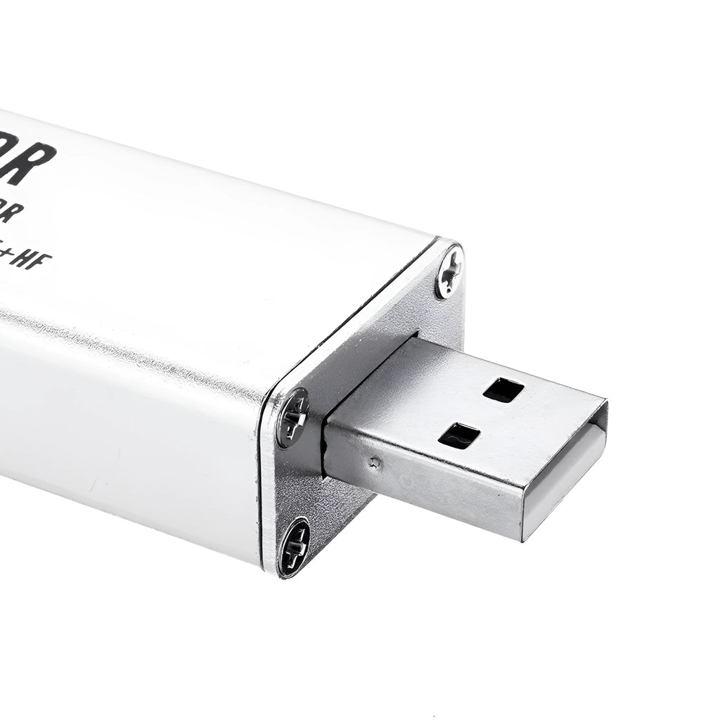 Black or white metal-cased all-band software defined radio receiver with a golden SMA antenna connector.