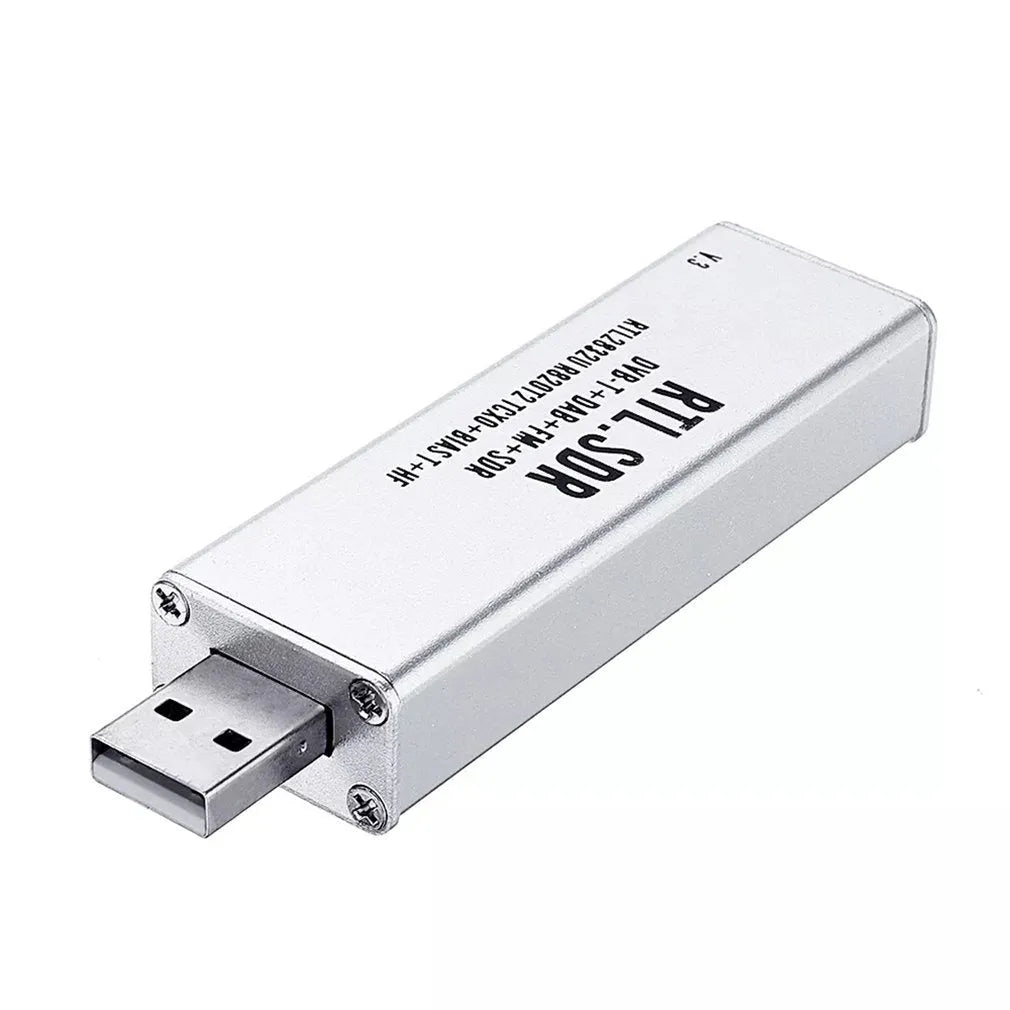 Black or white metal-cased all-band software defined radio receiver with a golden SMA antenna connector.